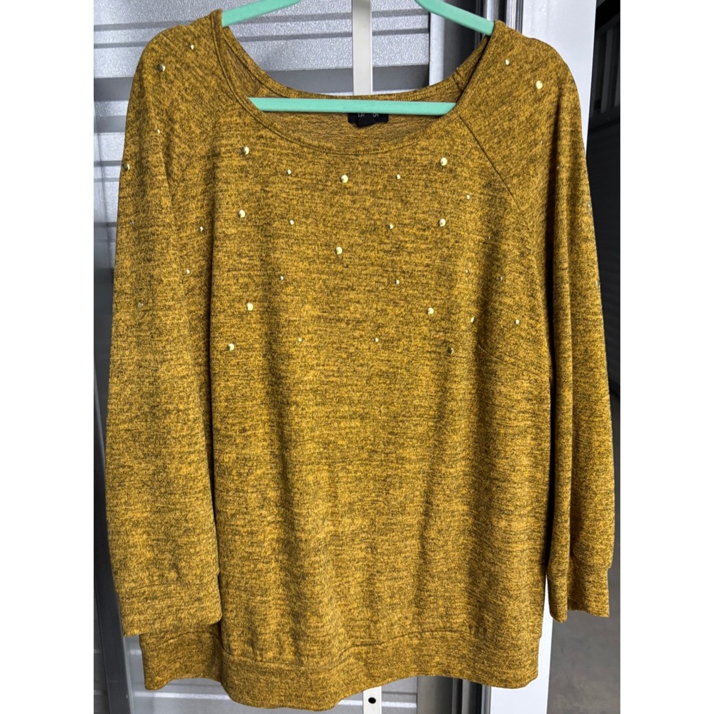 Tacera Womens 2X Mustard Yellow Marl Studded Raglan Long Sleeve Top
